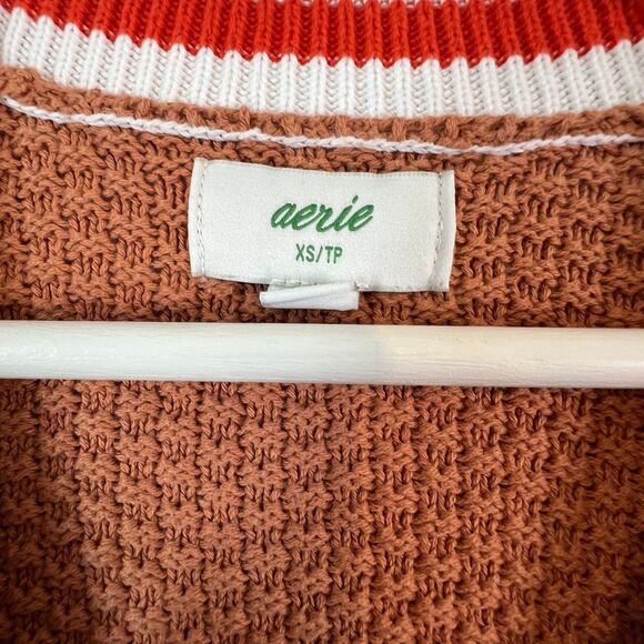 Women's Aerie Orange White Stripe Oversized Varsity Waffle Knit Cardigan - Picture 8 of 10